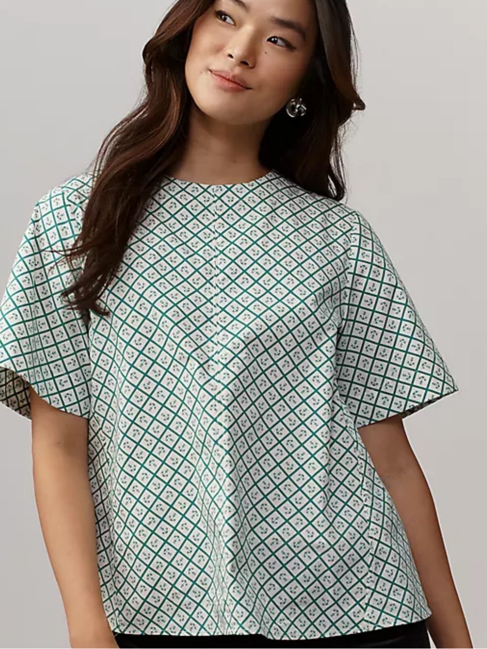 Anthropologie Womens Green & White Diamond-Print Short Sleeve Top